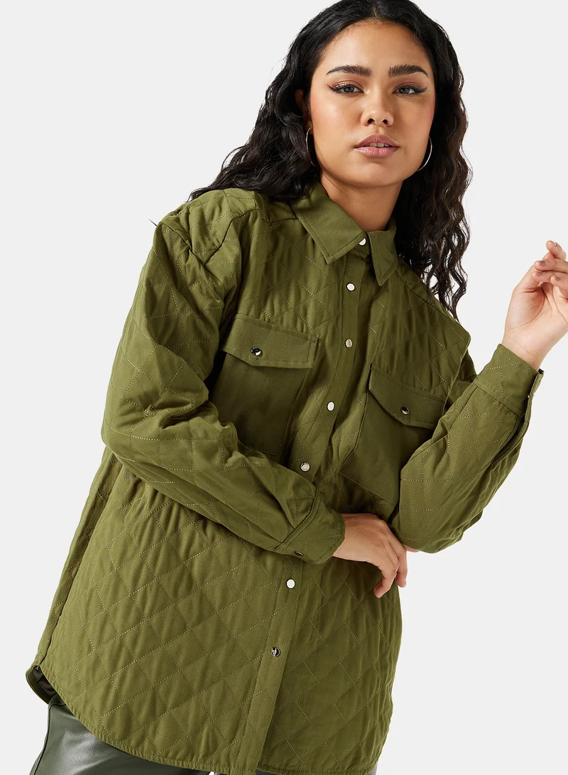 NA-KD Quilted Oversized Shirt Jacket Green