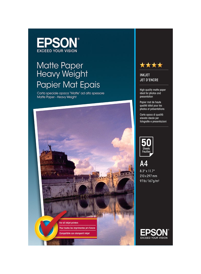 EPSON - Matte Photo Paper Heavy Weight A4 - 50 Sheets White - Image 1