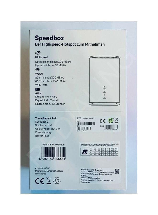 4100.0 mAh Speedbox LTE | ZTE MF281 | LTE 300 Mbps/s wired and portable 2 in 1 / 4.100 mAh battery /external Antena white
