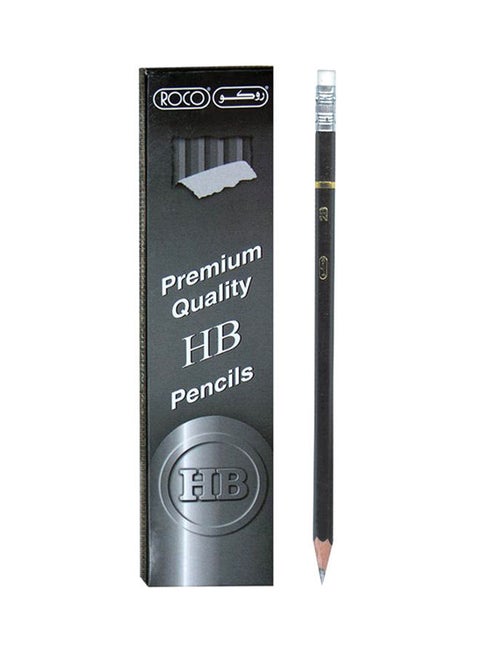 Pack Of 12-Piece Premium Quality HB Pencil With Eraser Set Black