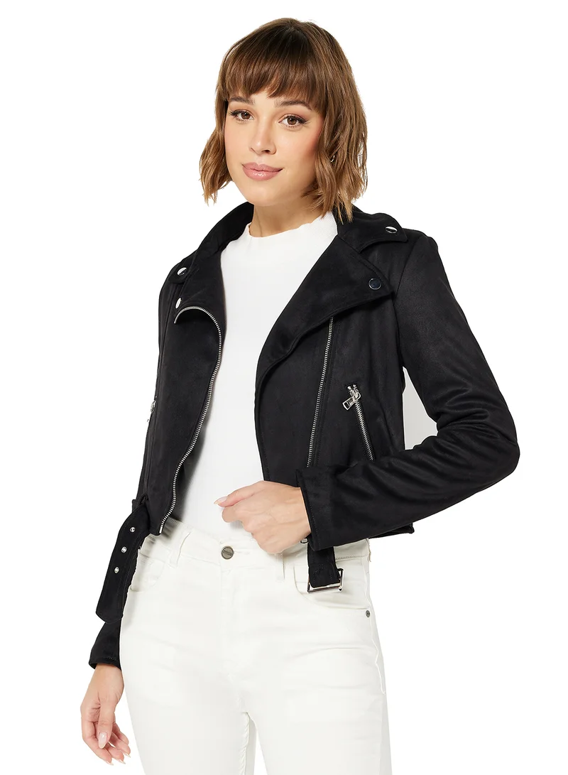 BRAVE SOUL Faux Suede Cropped Biker Jacket Black