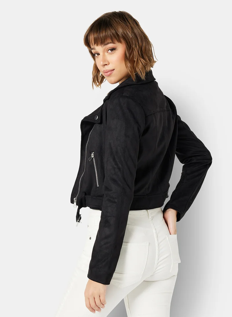 BRAVE SOUL Faux Suede Cropped Biker Jacket Black
