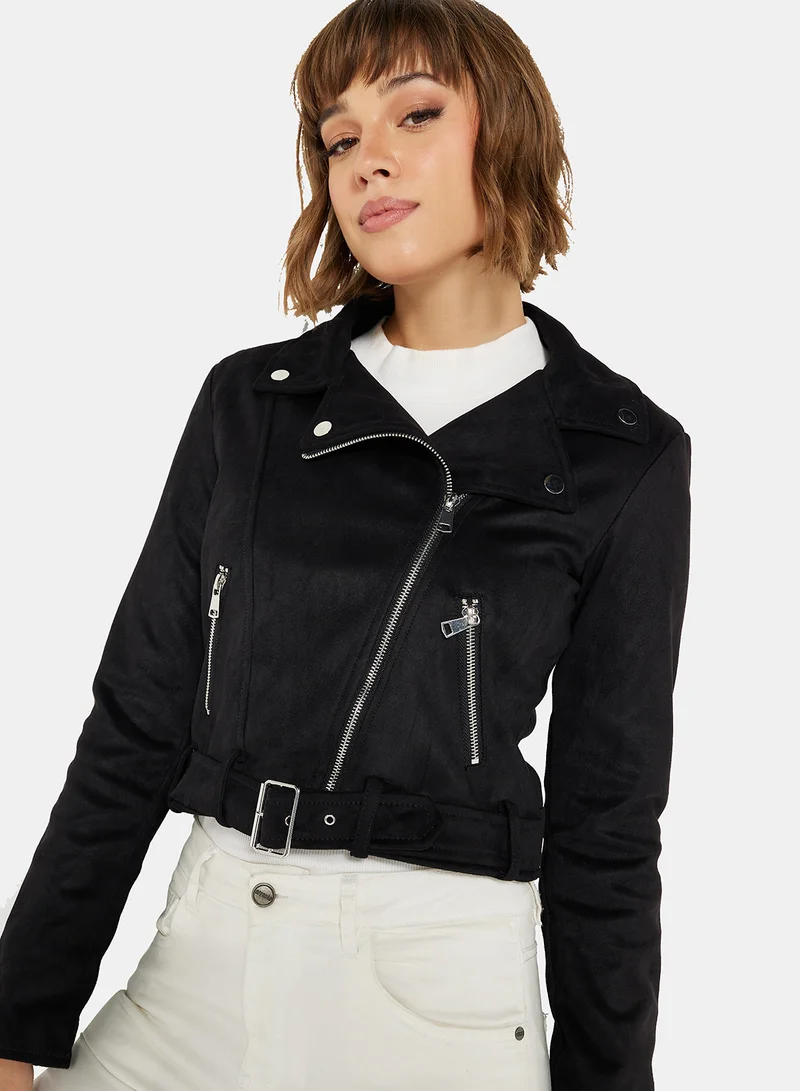 BRAVE SOUL Faux Suede Cropped Biker Jacket Black