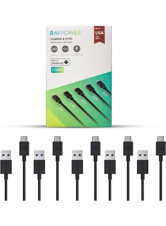 5-Pack 1ft 3ftx2 6ft 10ft Micro USB Cables Black