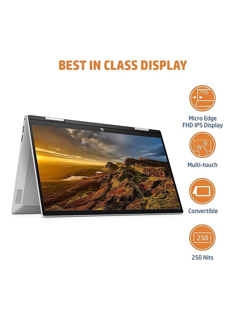 إتش بي - لابتوب بافيليون x360 بميزة 2 في 1 ‎14-‎ek0019ne بشاشة باللمس مقاس 14 بوصة بدقةٍ كاملة الوضوح ومعالج إنتل كور i5 من الجيل 12 وذاكرة رام سعة 16 جيجابايت ومحرك أقراص SSD سعة 512 جيجابايت وبطاقة رسومات إنتل أيريس Xe ونظام ويندوز 11/ الإنجليزية/العربية فضي طبيعي - Image 1