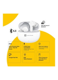 realme BudsT100 Water Resistant Bluetooth Earbuds With Microphone Active Noise Cancellation and ENC For Calls White  - Image 3