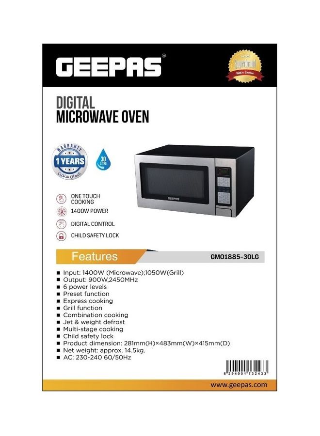 GEEPAS Digital Microwave Oven with One Touch Cooking ,6 Power Levels Digital Control, Multiple Cooking Menus, Child Safety Lock, Ideal for Grilling, Roasting, Heating & More 30 L 900 W GMO1885- 30LG Black/Silver  - Image 2