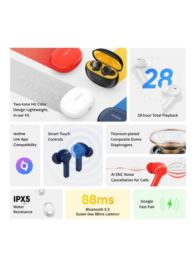 ريل مي - سماعات أذن لاسلكية Buds T100 مزودة بخاصية إلغاء الضوضاء بالذكاء الاصطناعي، باللون الأبيض لون أبيض - Image 1