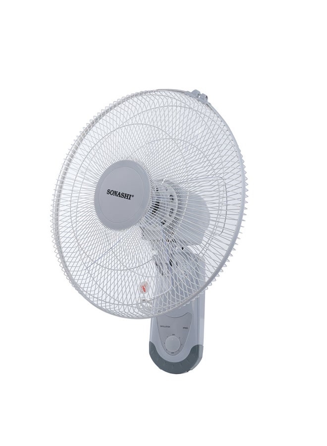 SONASHI - 16 Inch Wall Fan With 3 Speeds And Oscillation Function | Circulating Double String Switch With Overheat Protection Feature | Low Noise Design 60 W SF-8029W Grey - Image 1