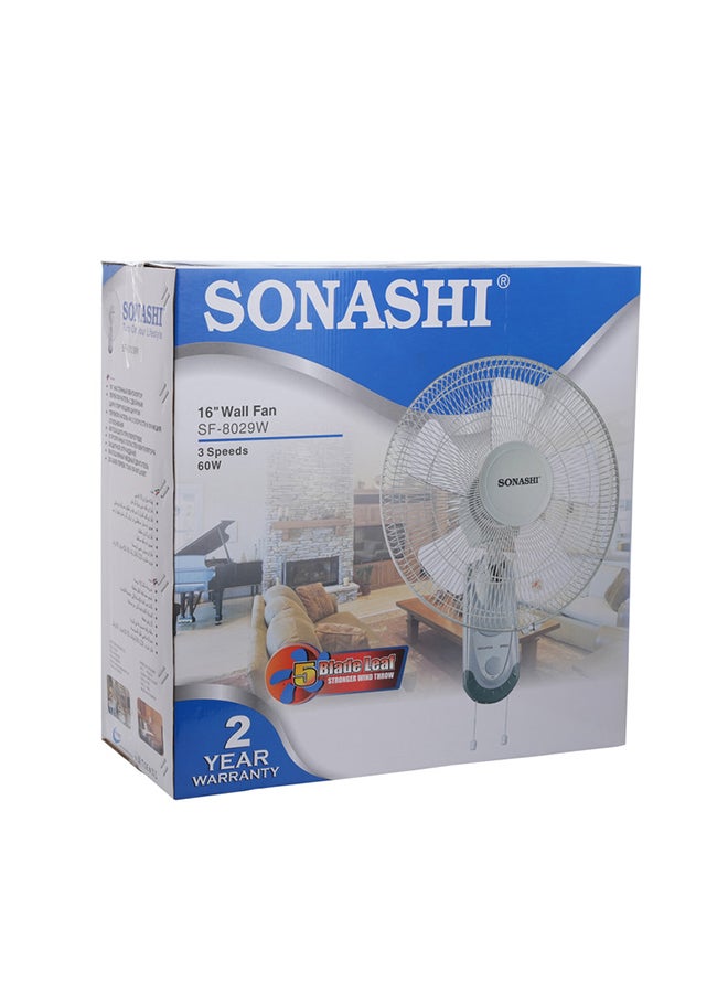 SONASHI - 16 Inch Wall Fan With 3 Speeds And Oscillation Function | Circulating Double String Switch With Overheat Protection Feature | Low Noise Design 60 W SF-8029W Grey - Image 1