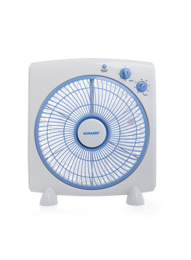 12Inch Box Fan with 3 Speeds | Lightweight and Portable Fan with 1 Hour Timer | Powerful Desk Box Fan With Copper Motor | Protective Grill for Safety SBF-7031 White/Blue