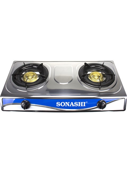 Double Burner Gas Stove - Durable Stainless Steel Body with Piezo Ignition System | LPG with Low Gas Consumption and 5.1KW Maximum Power | No Matches or Batteries Needed SGB-208S Silver/Black/Blue
