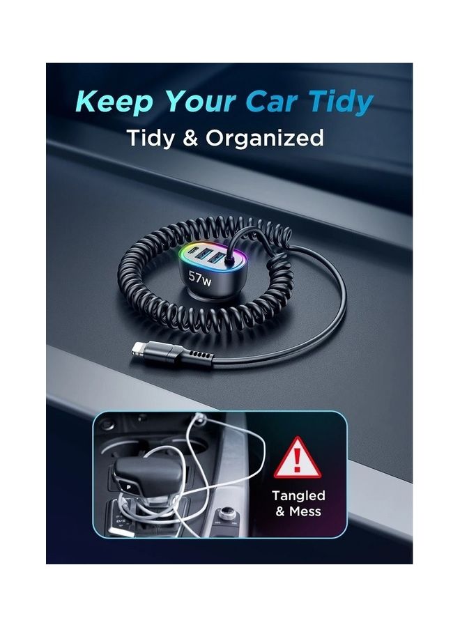 جوي روم شاحن سيارة 4 في 1 بقدرة 57 وات مع كابل لايتنينج ملفوف أسود - Image 5