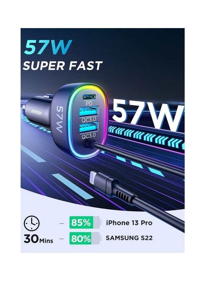 جوي روم شاحن سيارة 4 في 1 بقدرة 57 وات مع كابل لايتنينج ملفوف أسود - Image 3