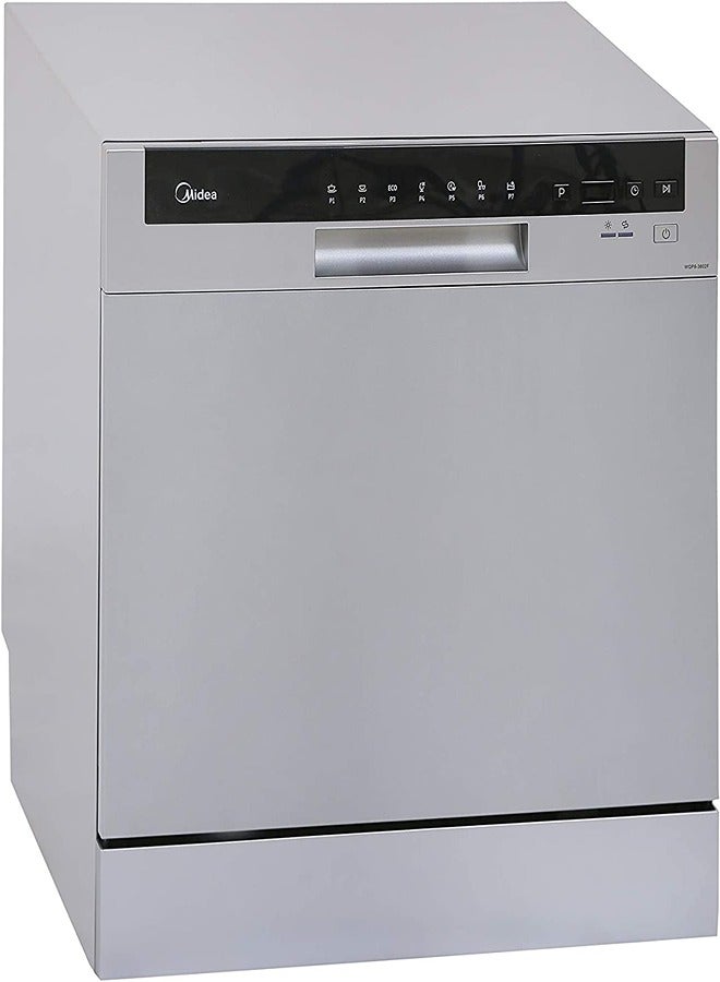 Midea - Counter Top Dishwasher, Portable, 8 Place Settings, 7 Programs, Inverter Quattro, Silent And High Energy Efficient, Rapid Wash, Child Lock, Self Cleaning, 70 Intensive White WQP83802FS Silver - Image 1