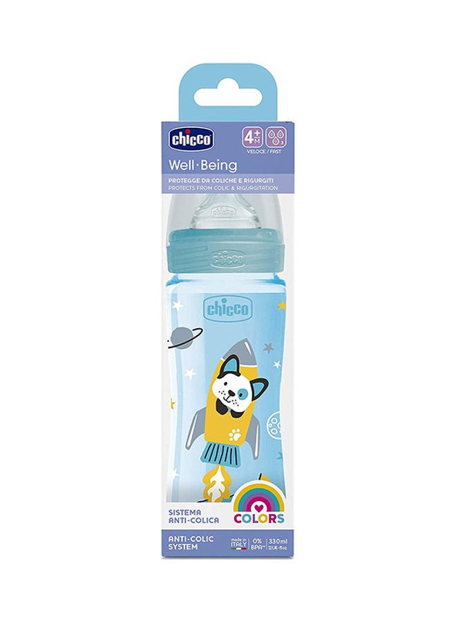 Chicco Well-Being Plastic Bottle 330Ml Fast Flow 4M+ Silicone Boy, Blue - Image 1