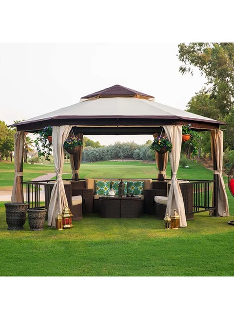 Amber Gazebo Metal Frame Patio Tent Canopy For Garden With Mosquito Net Beige 250x250cm