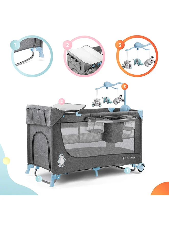 كيندركرافت Joy Folding Bed With Accessories – Grey, Blue
