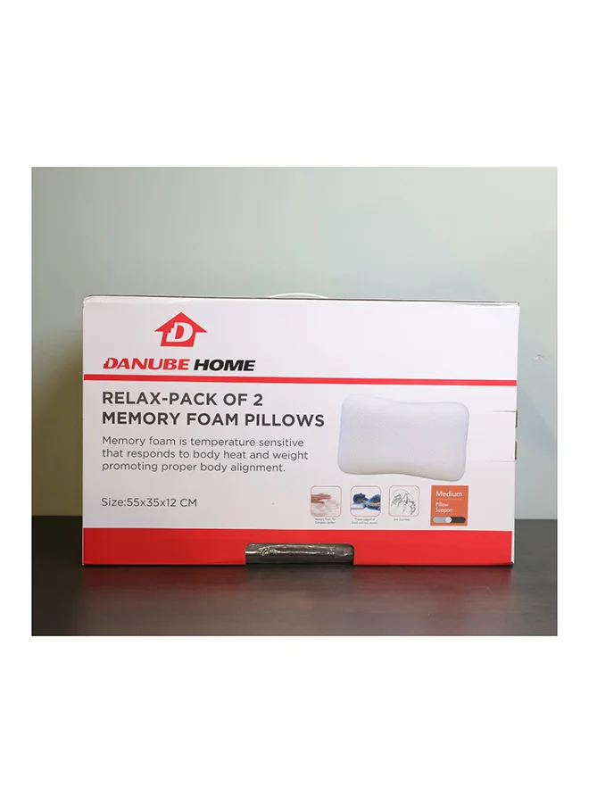 دانوب هوم Relax Memory Foam Pillow 2 Pieces Hypoallergenic Side And Back Sleeping Pillows For Neck And Shoulder Support Polyester White 55x35x12cm