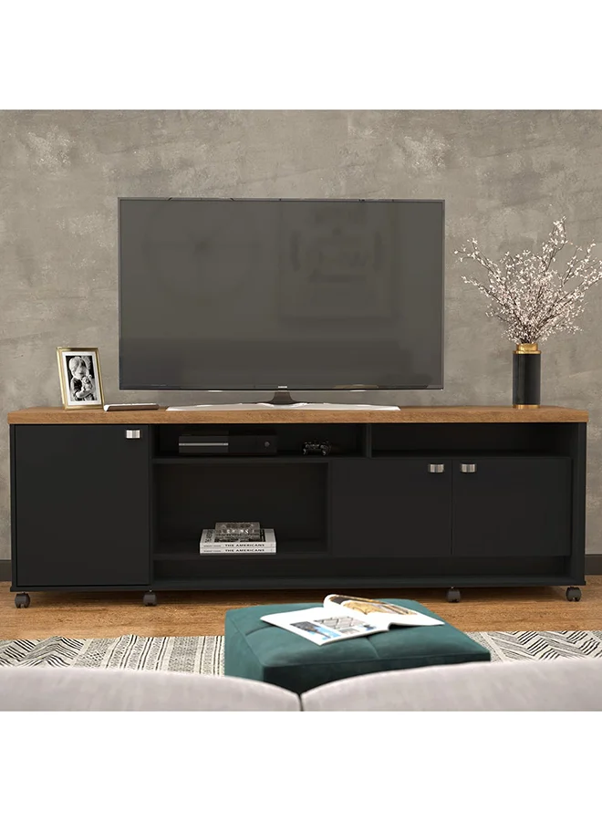 DANUBE HOME Dallas Top TV Unit for TVs Upto 75 inches And Multifunctional Home Theater Black/Almond 183x41x65cm