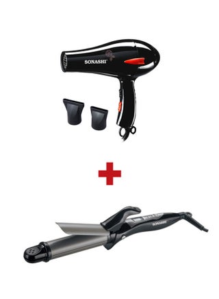 2-In-1 Hair Curler And Straightener With Powerful 2000W Professional Hair Dryer SHD-3009 + SHC-3005 Black/Grey - v1665647093/N14517597A_1