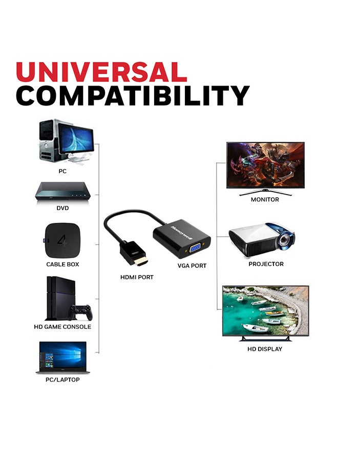Honeywell - 3-in-1 HDMI to VGA, 3.5mm Audio Jack And Micro USB Port, 1080p@60Hz HDMI Resolution And 6.75GB Transfer Speed, VGA Resolution 1920x1200P@60Hz, Compatible With-LED, Laptop, Gaming Console etc Black - Image 1