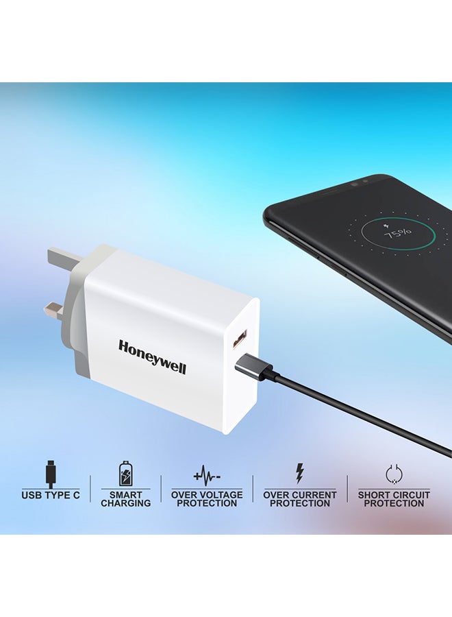 Honeywell - Zest Charger PD60W, ECAS Certified, With Type C PD 2.0 & USB-A Port, Qualcomm Compliant, Quick Charge 3.0 Tech, Compatible for iPhone, MacBook Air, iPad Pro, Pixel, Galaxy, Laptops, etc. White - Image 1