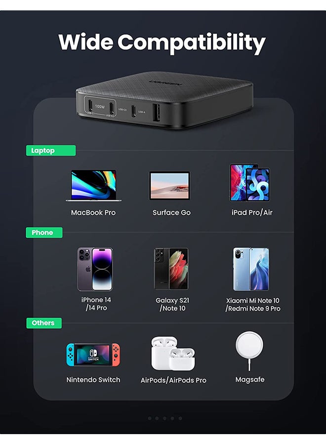 Ugreen - PD 100W USB C Wall Charger 4-Port Fast Power Adapter Compatible for Macbook Pro Air New iPad 9 iPad Mini 6 iPhone 14/14 Plus/14 Pro/14 Pro Max/iPhone 13 Pro iPad Pro 2021 Galaxy S21 etc Black - Image 1