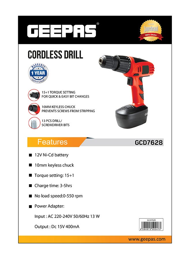 GEEPAS 13 Pcs Cordless Drill Set Black/Red - Image 3