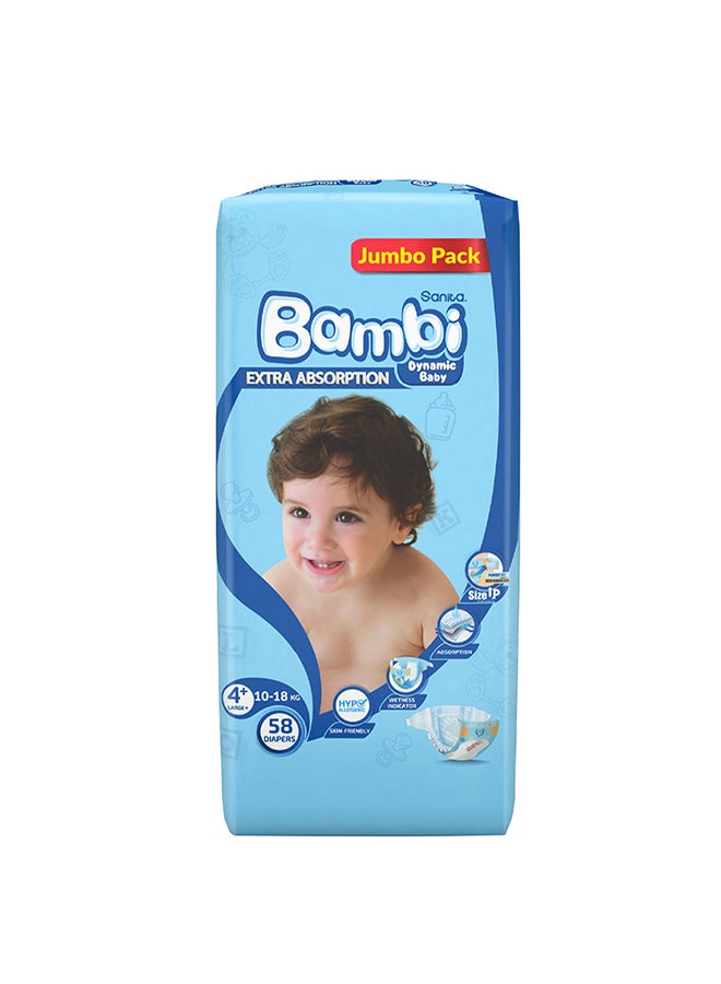 Sanita Bambi Sanita Baby Diapers, Size 4+, Large, 10-18 kg, Jumbo Pack, 58 Diapers - Image 2