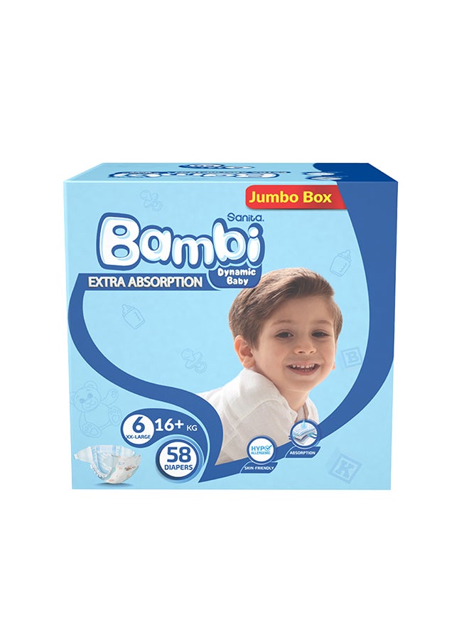 Sanita Bambi Baby Diapers Jumbo Box Size 6, XX Large +16 KG, 58 Count  - Image 2