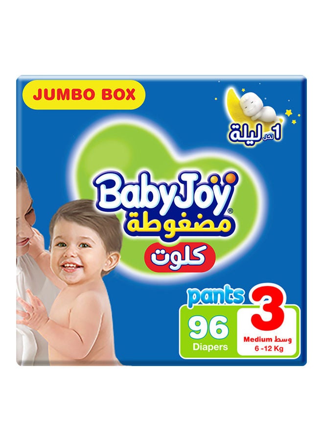 BabyJoy Compressed Culotte Pants Diaper, Size 3, Medium, 6-12 Kg, Jumbo Box, 96 Diapers  - Image 1