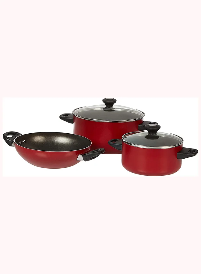 برستيج 12-Piece Non-Stick Aluminium Cookware Set With Kettle Includes 3 xCasserole 20 cm,24cm,3xLids, Skillet 28 cm, 4xKitchen Tools Red