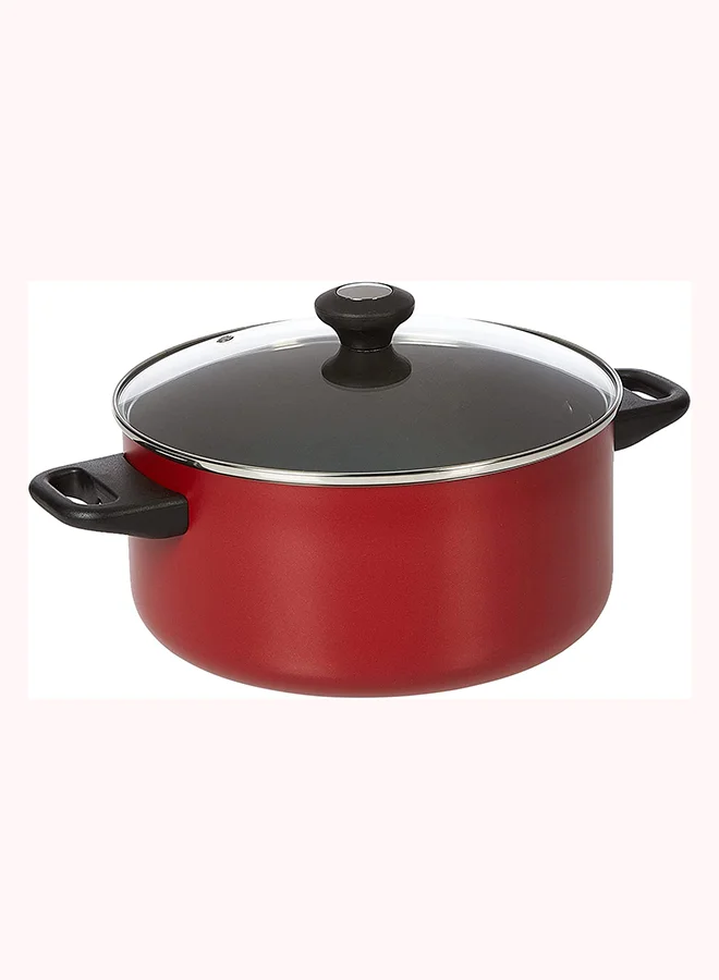 برستيج 12-Piece Non-Stick Aluminium Cookware Set With Kettle Includes 3 xCasserole 20 cm,24cm,3xLids, Skillet 28 cm, 4xKitchen Tools Red
