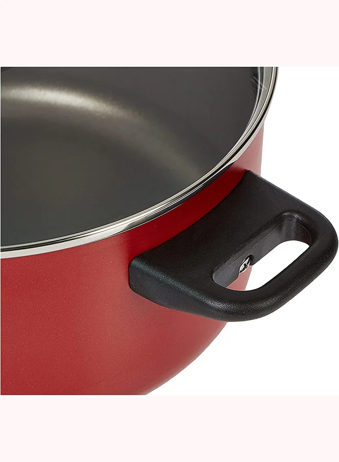 برستيج 12-Piece Non-Stick Aluminium Cookware Set With Kettle Includes 3 xCasserole 20 cm,24cm,3xLids, Skillet 28 cm, 4xKitchen Tools Red