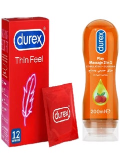 Durex Thin Feel Condoms 12 and Durex 2 in1 Lube arousing Guarana - 200ml Gel 