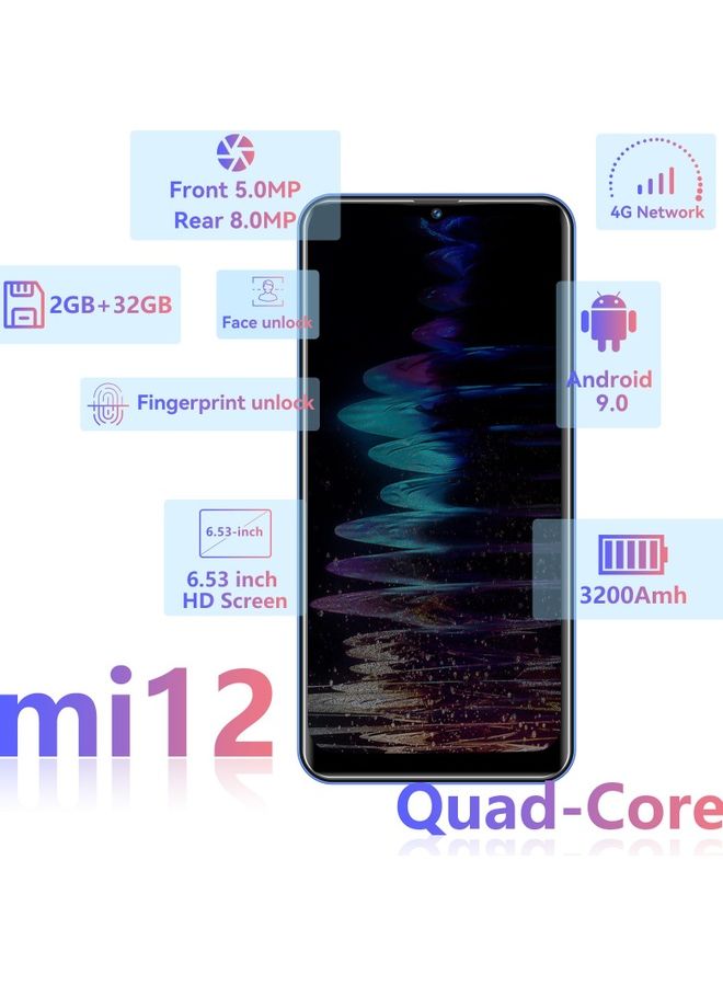 MI12 6.53"Notch Display,8.0MP+5.0MP,2+32GB,3200mAh,Fingerprint android 9.0 - Blue