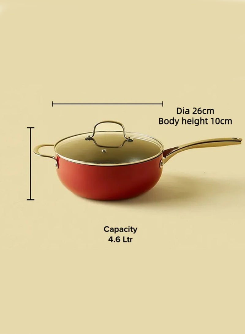 4.6 L Frying Pan - Aluminum Pan Coated With Non-Stick Surface - Heavy Bottom Chef'S - Tempered Glass Lid - PFOA Free - Red Red
