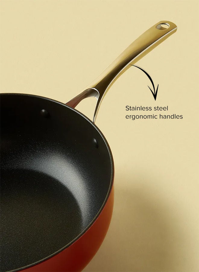 4.6 L Frying Pan - Aluminum Pan Coated With Non-Stick Surface - Heavy Bottom Chef'S - Tempered Glass Lid - PFOA Free - Red Red