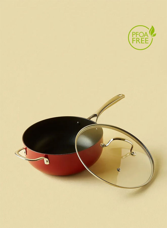 4.6 L Frying Pan - Aluminum Pan Coated With Non-Stick Surface - Heavy Bottom Chef'S - Tempered Glass Lid - PFOA Free - Red 