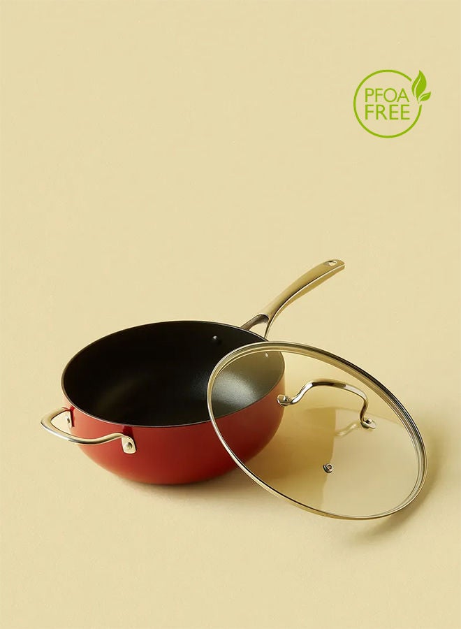 4.6 L Frying Pan - Aluminum Pan Coated With Non-Stick Surface - Heavy Bottom Chef'S - Tempered Glass Lid - PFOA Free - Red Red