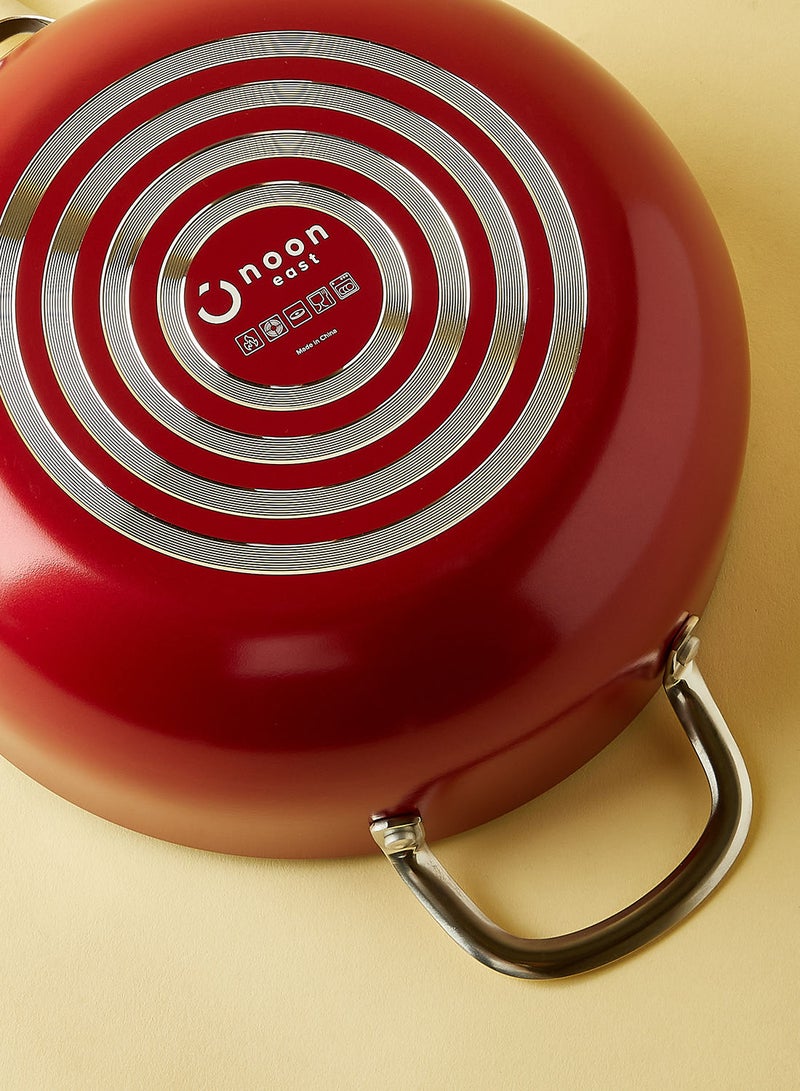 4.6 L Frying Pan - Aluminum Pan Coated With Non-Stick Surface - Heavy Bottom Chef'S - Tempered Glass Lid - PFOA Free - Red Red