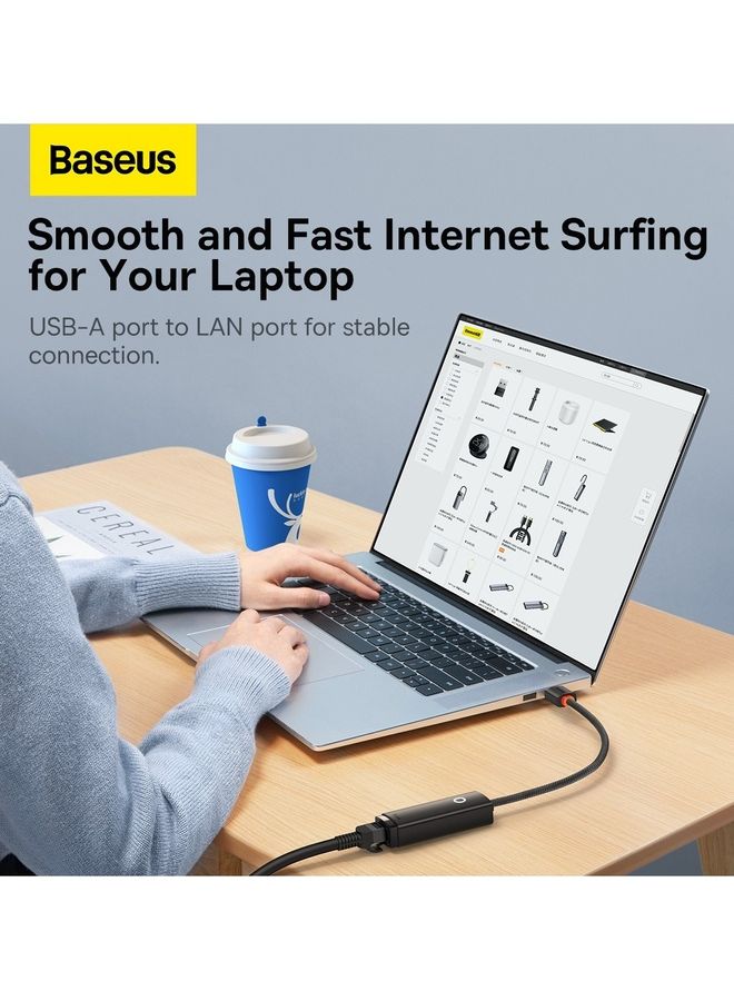 Baseus - USB To Ethernet Nylon Braided USB 3.0 Gigabit Ethernet LAN Laptop Network Adapter Supports Nintendo Switch Windows Linux Apple MacBook OS 10.11- OS 12 Surface Mi Box 3 4 4c Black - Image 1