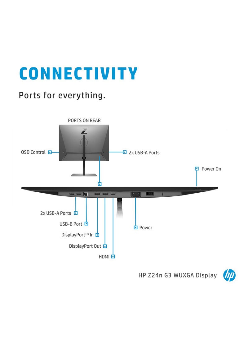 HP - 24 inch Z24n G3 WUXGA Display Resolution: 1920 x 1200 - Brightness : 350 nits Aspect ratio : 16:10 -connections : DP 1.2 & HDMI 1.4 Black - Image 1