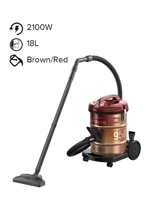 Drum Vacuum Cleaner 2100 Watts, 18 Liters Tank Dust Capacity With 7.8M Extra Long Power Code, Removable & Washable Filter, Rug-Floor Nozzle, Best For Home, Office & Mosque 18 L 2100 W CV950F 24CBS WR Wine Red