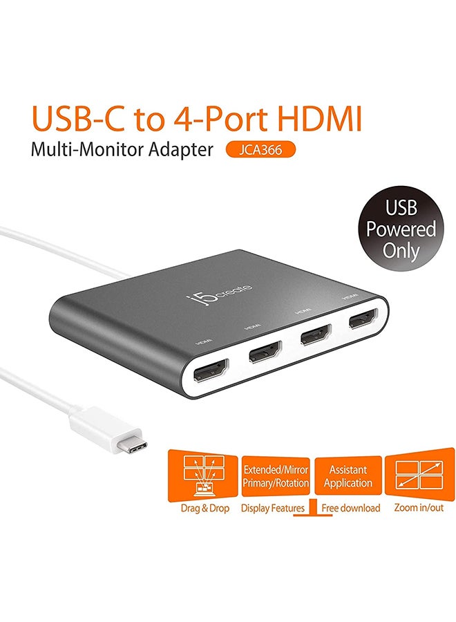 J5 Create - USB-C to 4 Port HDMI Adapter Hub- Multi Monitor Splitter - Support 4 1080p 60Hz Displays - Compatible with Type-C MacBook and Windows Laptop Grey - Image 1