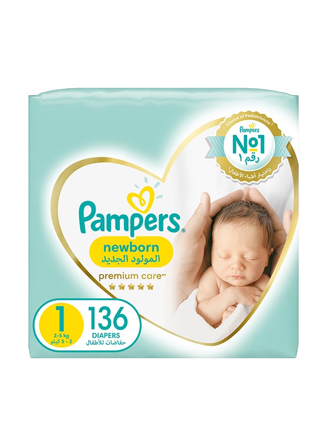 Premium Care Diapers, Size 1, Newborn, 2-5 kg, The Softest Diaper And The Best Skin Protection, 136 Baby Diapers 