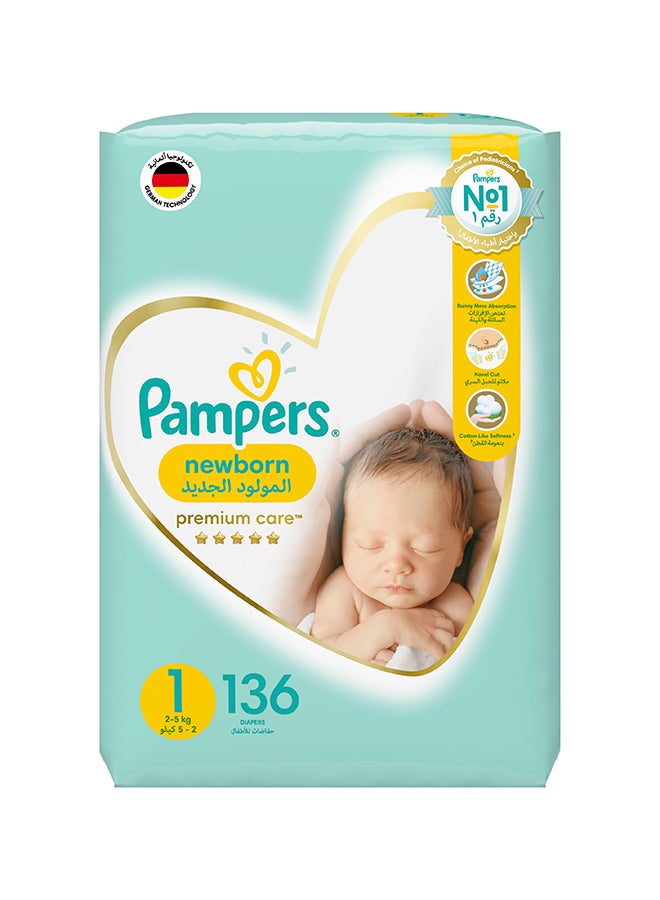 Premium Care Diapers, Size 1, Newborn, 2-5 kg, The Softest Diaper And The Best Skin Protection, 136 Baby Diapers 