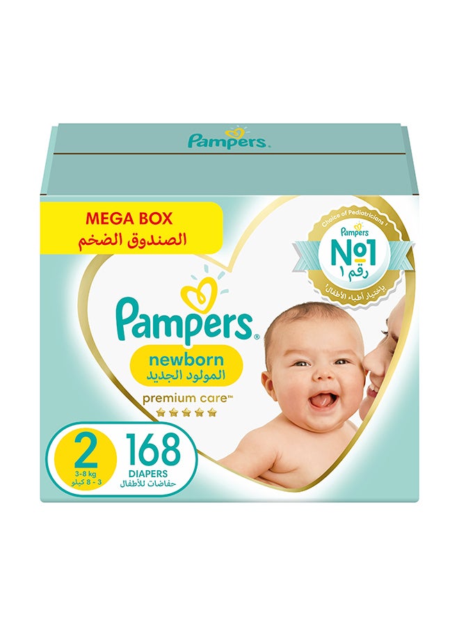 Premium Care Diapers, Size 2, Mini, 3-8 Kg, The Softest Diaper And The Best Skin Protection, 168 Baby Diapers 