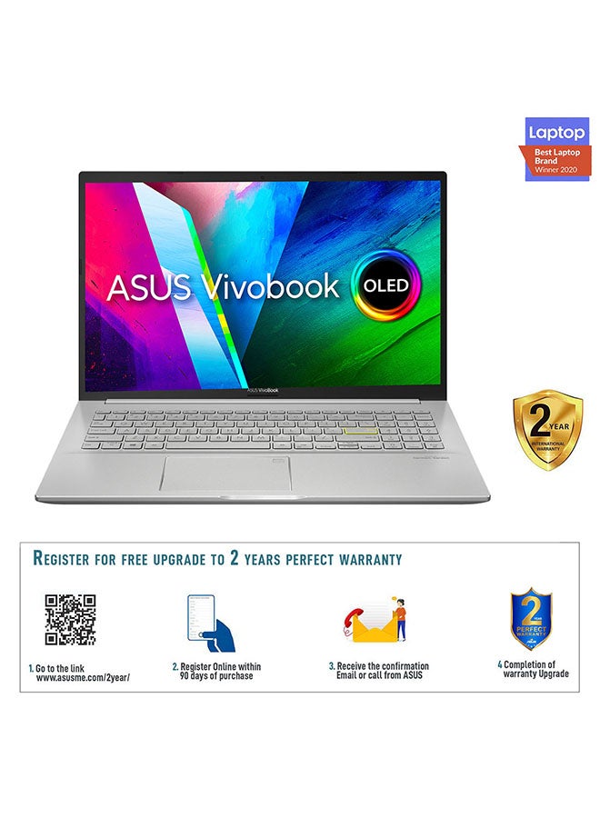 Vivobook 15 OLED K513EQ-OLED105T, Slim Laptop, I5-1135G7 8GB 512GB PCIE G3 SSD, NV MX350, WIN10 HOME, 15.6 inch FHD 1920X1080 16:9 OLED, HD Webcam, FingerPrint, /International Version English/Arabic Spangle Silver